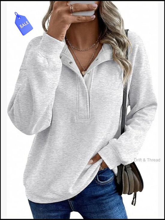 Tops - Oversized Mock Neck Pullover Sweatshirt Long Sleeve Quarter Button Casual Top